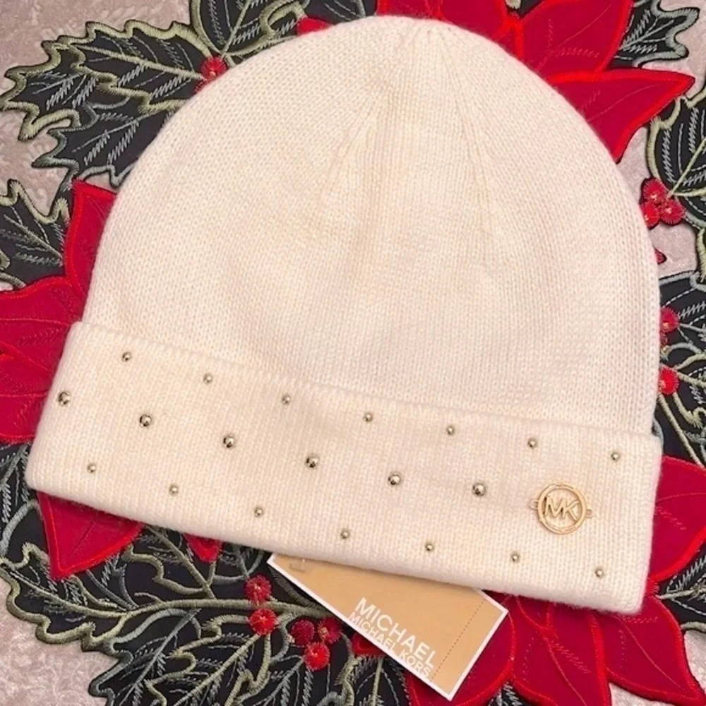Brand New Michael Kors Cream Knit Beanie Hat w/ Gold Tone Metal Logo & Studs